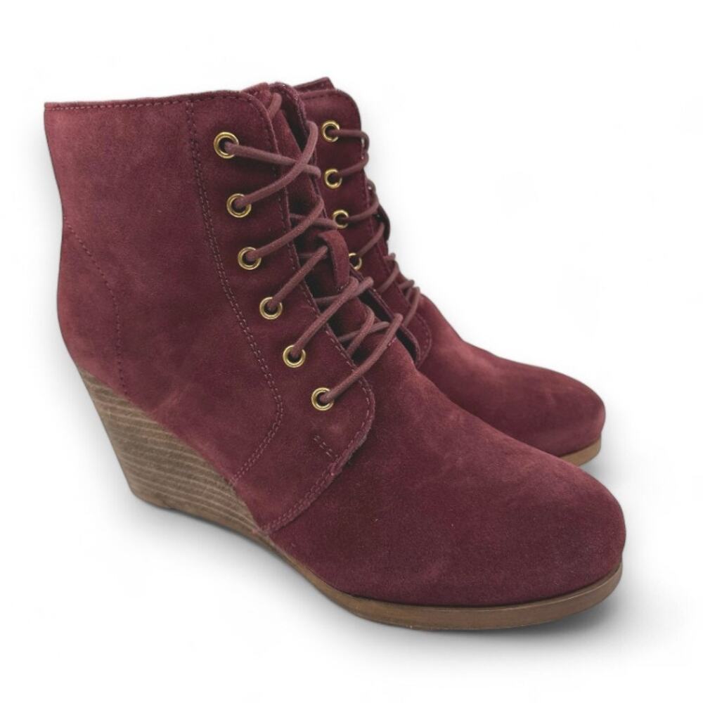 Diba Blake Suede Ankle Bootie Wedge Heel Lace Up Round Toe Burgundy Womens US 8M